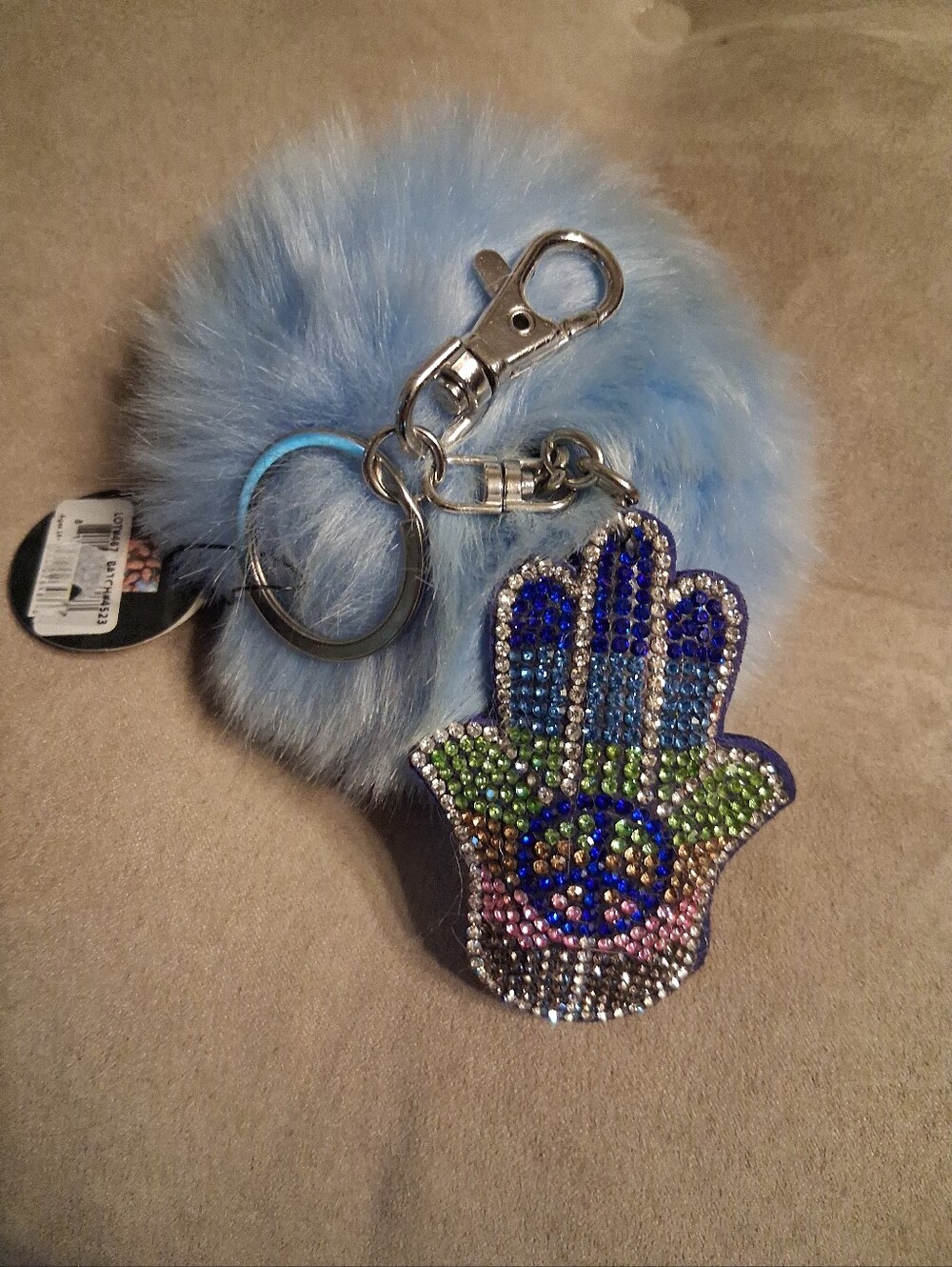 Blue Faux Fur Pom-Pom Keychain with Rhinestone Hamsa Charm NWT
